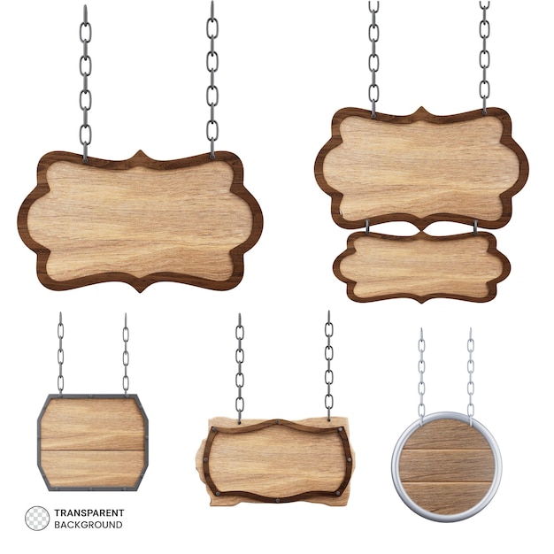 PSD grátis conjunto de ícones de suspensão de placa de madeira para ilustração de renderização 3d