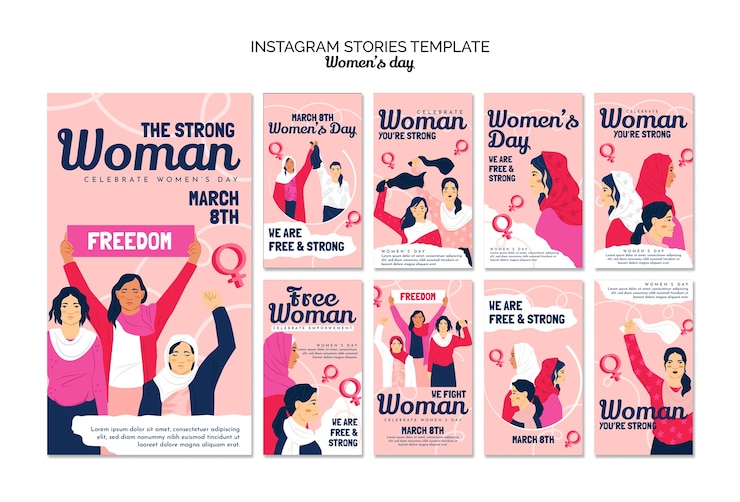 PSD grátis conjunto de modelos de histórias do instagram desenhados à mão para o dia da mulher plana