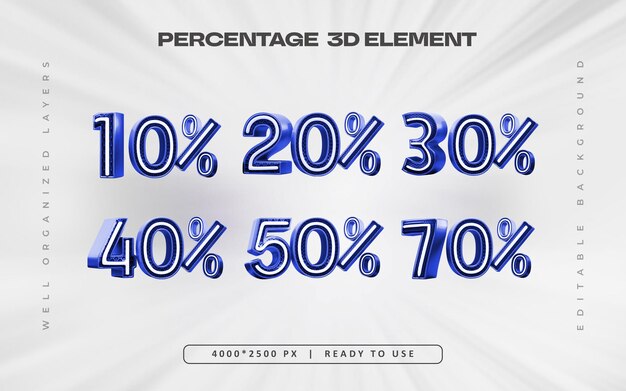 Conjunto de números percentuais azuis Ilustração de renderização 3D isolada