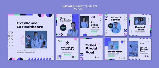 Conjunto de postagem de instagram de cuidados médicos geométricos