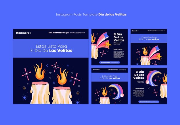 Conjunto de postagem de instagram de dia de las velitas desenhado à mão