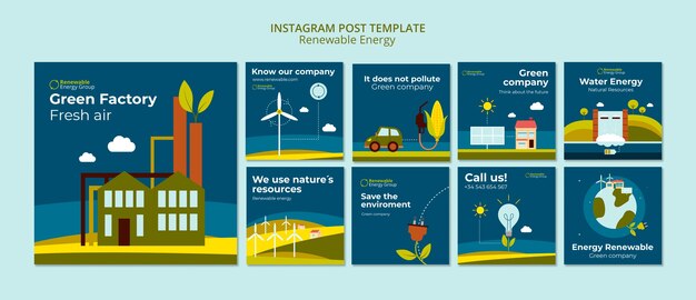 Conjunto de postagem de instagram de energia renovável de design plano