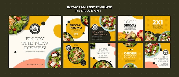 Conjunto de postagem de instagram de restaurante de comida dinâmica