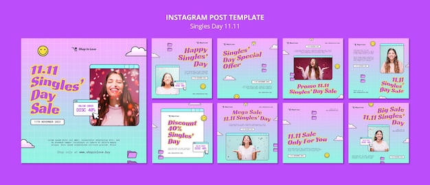 Conjunto de postagem do instagram de celebração do dia dos solteiros