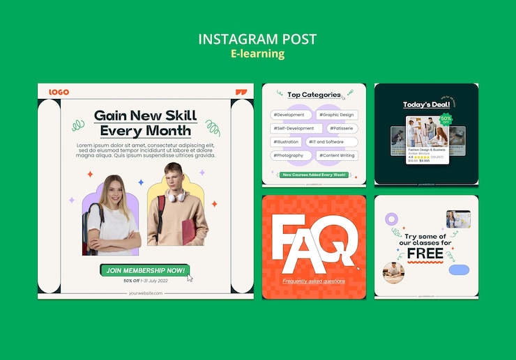 PSD grátis conjunto de postagem do instagram de conceito de e-learning