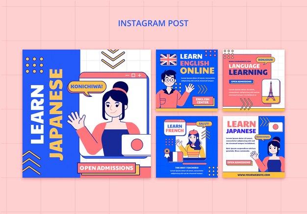 Conjunto de postagens do instagram de aprendizado de idiomas de design plano