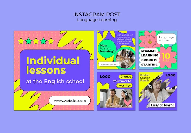 Conjunto de postagens do instagram de aprendizado de idiomas