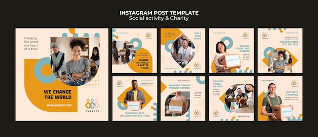 Conjunto de postagens do instagram de atividade de caridade de design plano