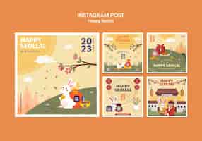 PSD grátis conjunto de postagens do instagram de celebração de seollal desenhadas à mão
