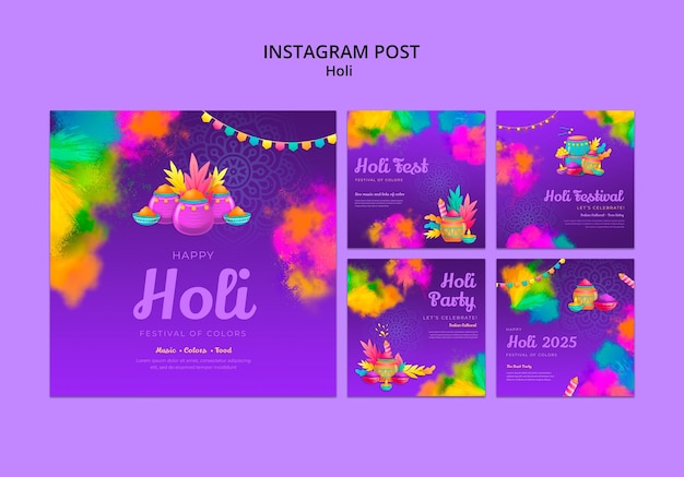 Conjunto de postagens do instagram de celebração do festival holi
