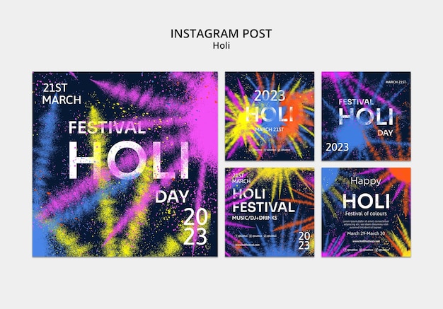 Conjunto de postagens do instagram de celebração do festival holi