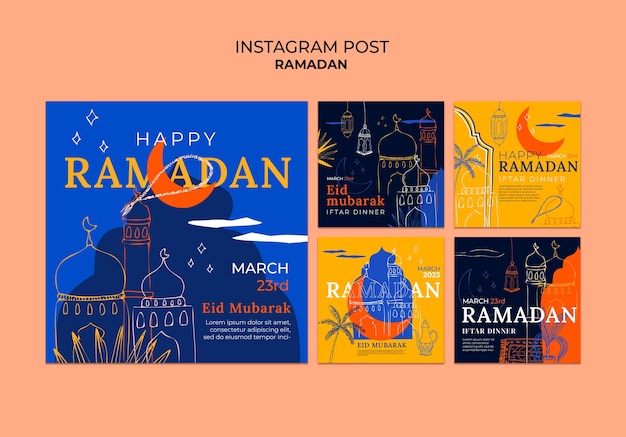 PSD grátis conjunto de postagens do instagram de celebração do ramadã desenhadas à mão