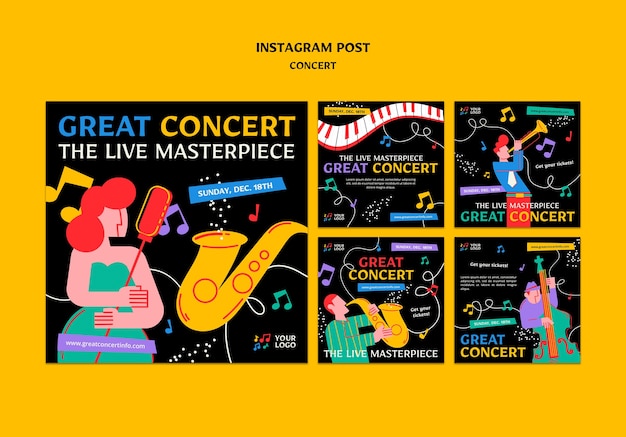 Conjunto de postagens do instagram de concerto de design plano