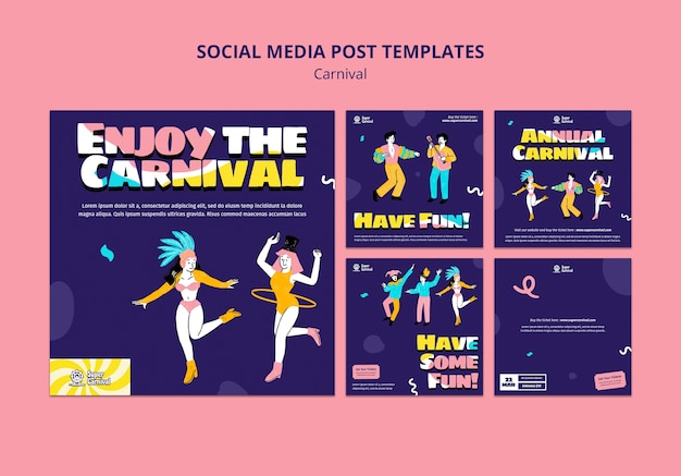 Conjunto de postagens do instagram de entretenimento de carnaval