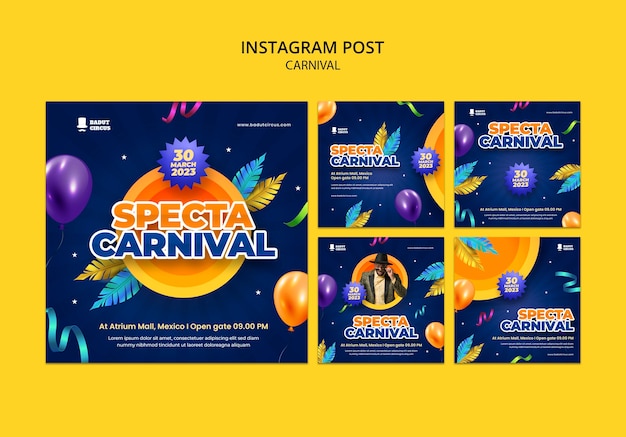 PSD grátis conjunto de postagens do instagram de entretenimento de carnaval