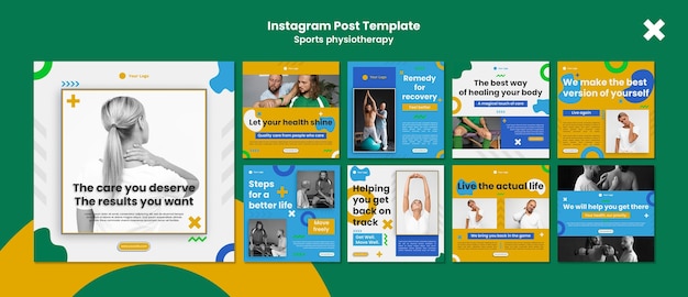 Conjunto de postagens do instagram de fisioterapia de design plano