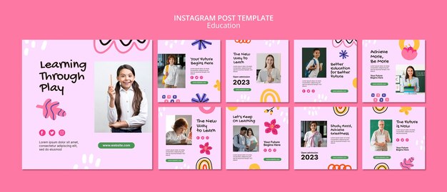 Conjunto de postagens do instagram do conceito de educação