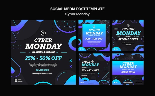 PSD grátis conjunto de postagens em redes sociais de tecnologia da cyber monday