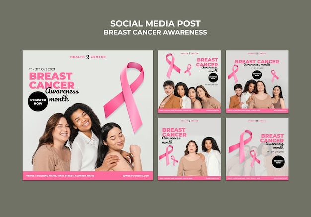 Conjunto de postagens ig de conscientização sobre câncer de mama