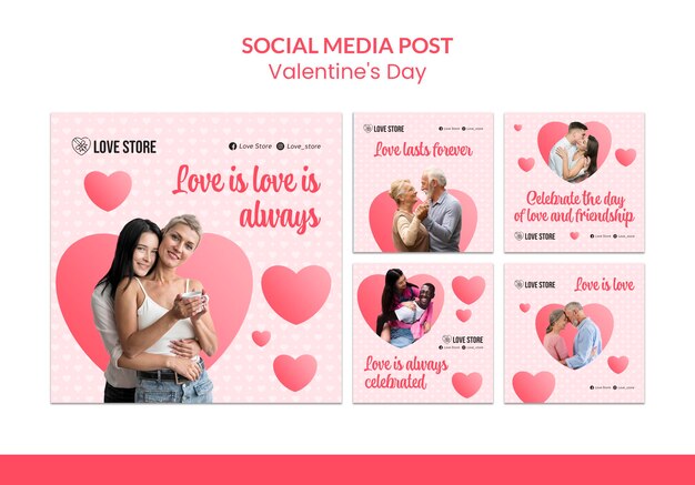 Conjunto de postagens lindas de mídia social para o dia dos namorados