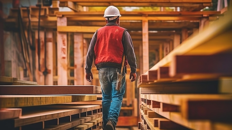 PSD grátis construtor carrega uma viga de aço em seu ombro generative ai