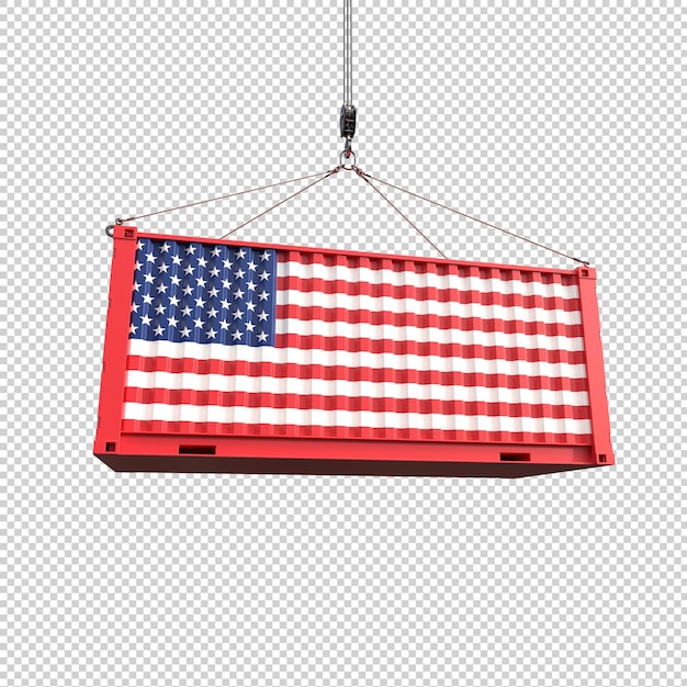 Container de transporte com bandeira dos estados unidos em fundo transparente