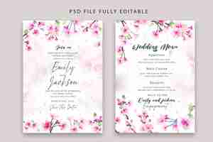 PSD grátis convite de casamento em aquarela floral psd macio e modelo de menu