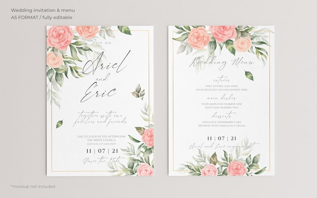 Convite de casamento floral e modelo de menu