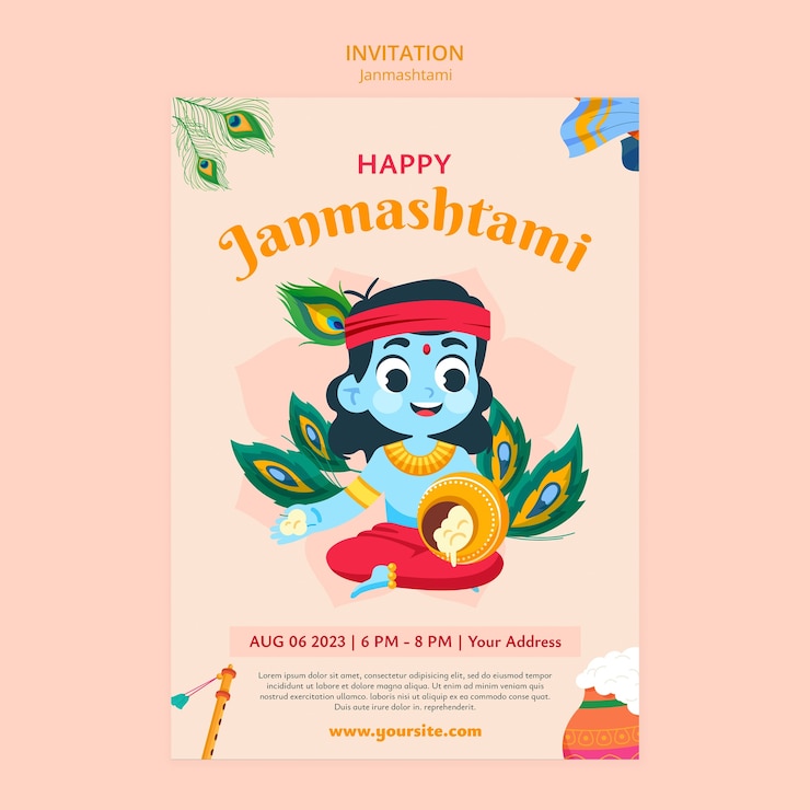 PSD grátis convite de celebração de janmashtami desenhado à mão