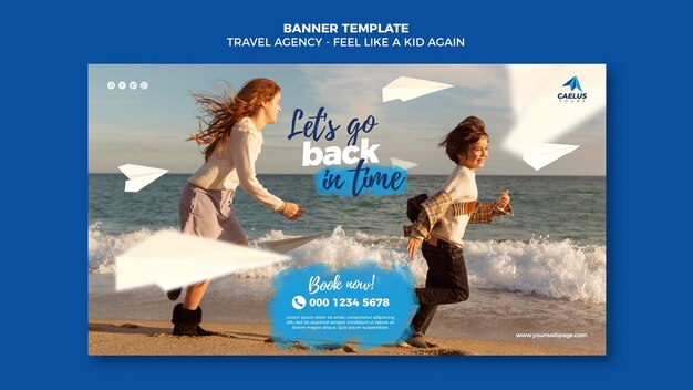 Crianças modelo de banner de agência de viagens à beira-mar