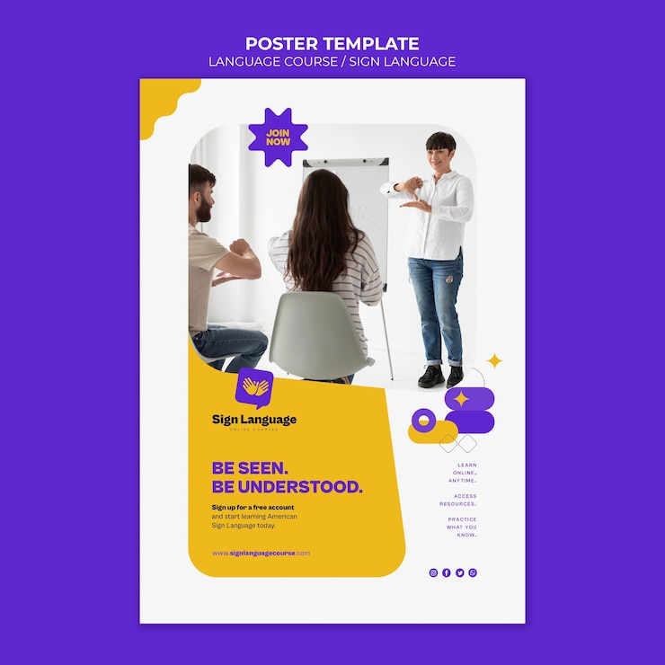 PSD grátis cursos de idiomas e modelo de pôster vertical de linguagem de sinais com formas abstratas