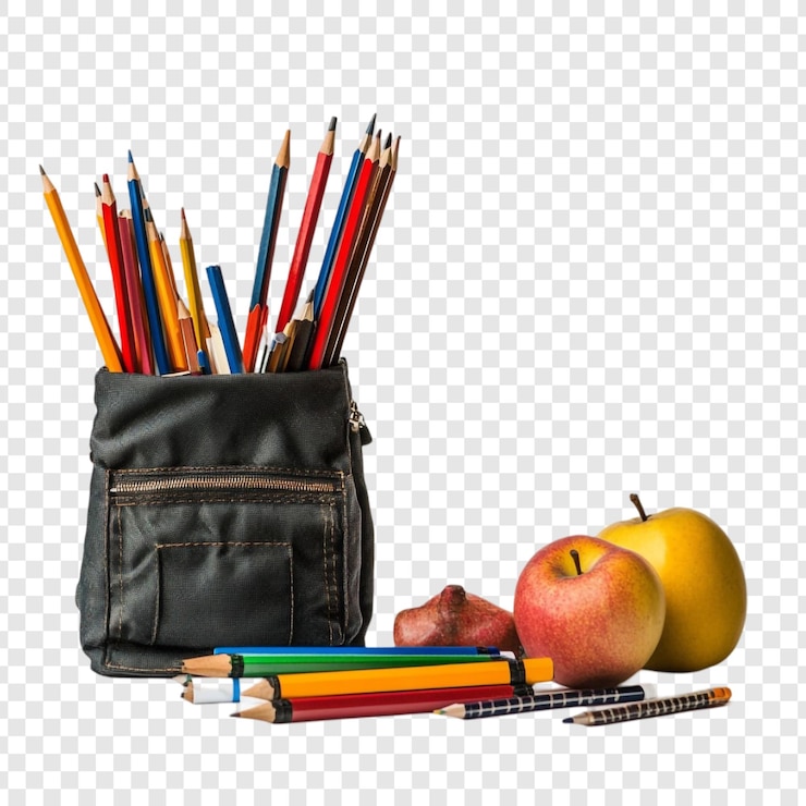 PSD grátis de volta à escola lápis coloridos maçãs e uma caixa de lápis clássica