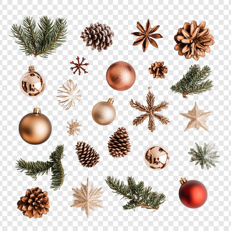 PSD grátis decorações de natal uma coleção festiva de ornamentos cones de pinheiro e acentos festivos