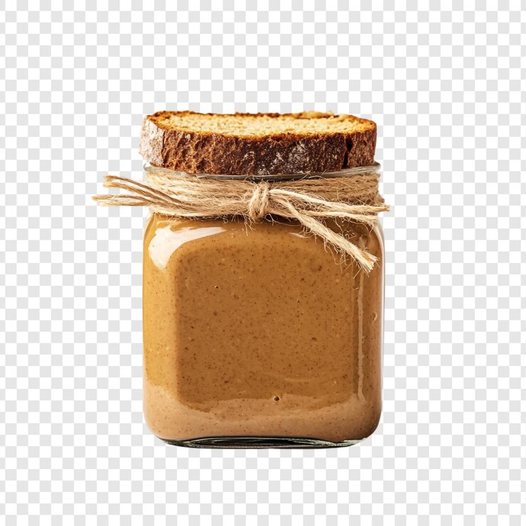 PSD grátis deliciosa manteiga de amendoim caseira em um frasco de vidro com pão
