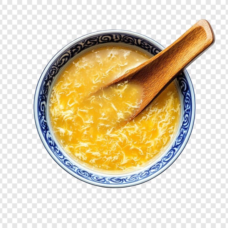 PSD grátis deliciosa sopa de gotas de ovo numa tigela azul e branca
