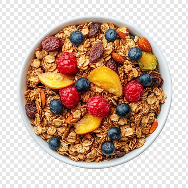 Deliciosa tigela de granola com bagas e fatias de pêssego