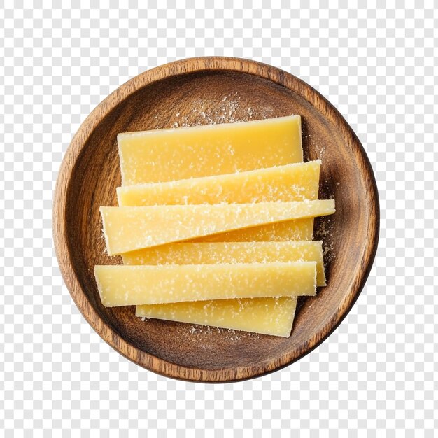 Deliciosas fatias de queijo parmesão em prato de madeira