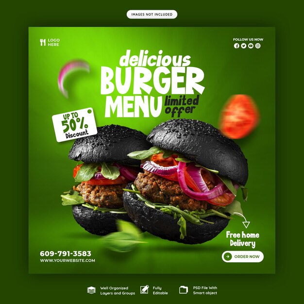 Delicioso hambúrguer e comida menu modelo de banner de mídia social