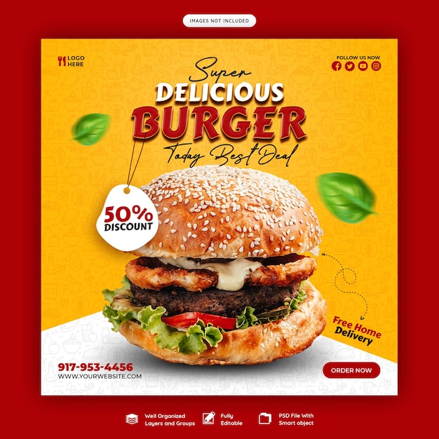 PSD grátis delicioso hambúrguer e comida menu modelo de banner de mídia social