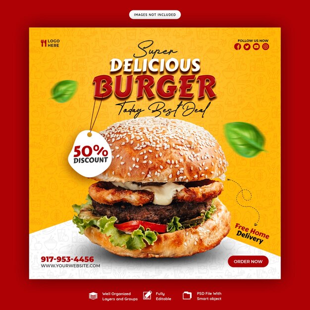 Delicioso hambúrguer e comida menu modelo de banner de mídia social