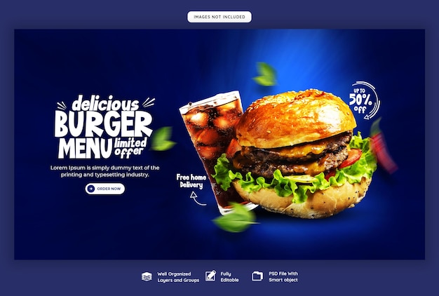 PSD grátis delicioso hambúrguer e comida menu web banner modelo