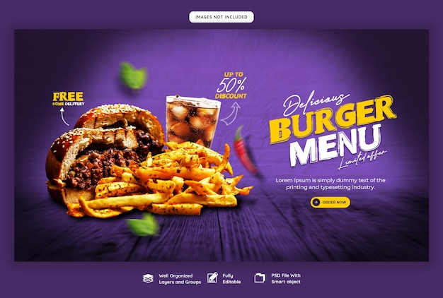PSD grátis delicioso hambúrguer e comida menu web banner modelo