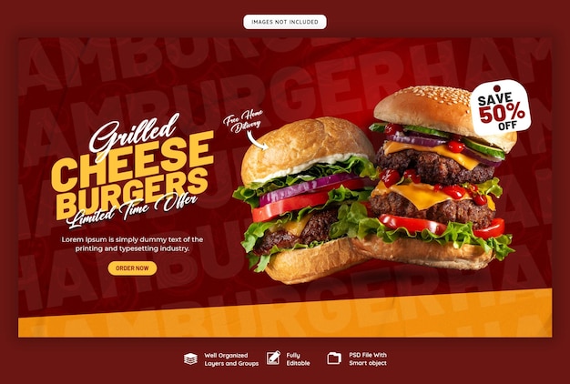 PSD grátis delicioso hambúrguer e comida menu web banner modelo