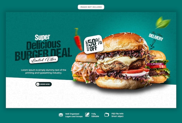 PSD grátis delicioso hambúrguer e comida menu web banner modelo