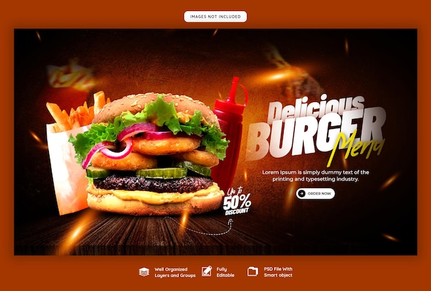 PSD grátis delicioso hambúrguer e comida menu web banner modelo