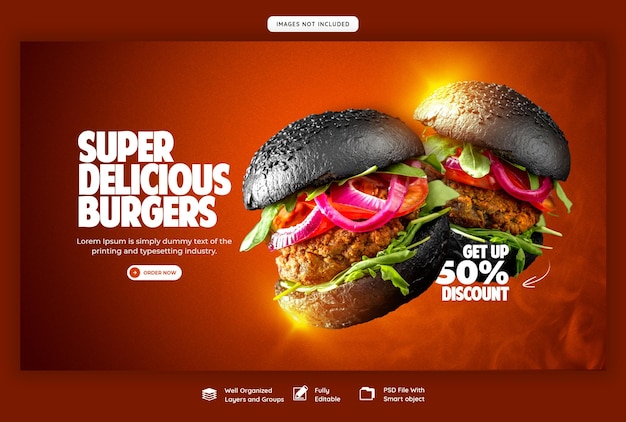 PSD grátis delicioso hambúrguer e comida menu web banner modelo
