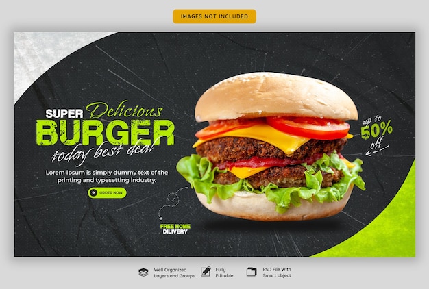 PSD grátis delicioso hambúrguer e comida menu web banner modelo