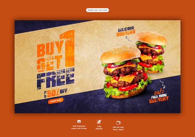 PSD grátis delicioso hambúrguer e comida menu web banner modelo