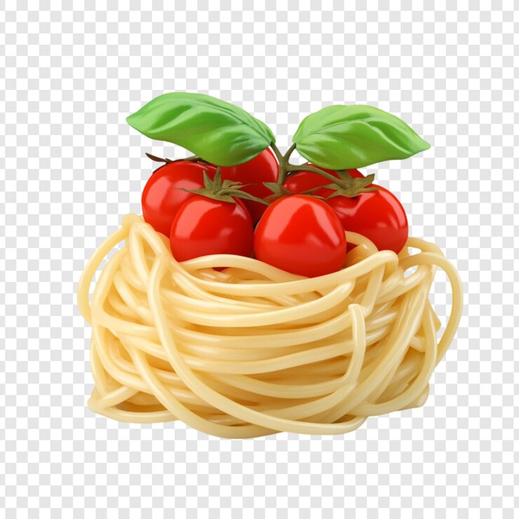 PSD grátis delicioso ninho de espaguete com tomates de cereja e manjericão, uma delícia italiana