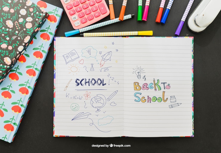 PSD grátis desenho colorido no caderno com material escolar